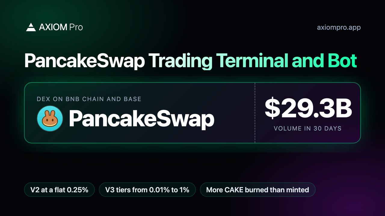 PancakeSwap Trading Terminal and Bot. DEX on BNB Chain and Base: PancakeSwap. $29.3B volume in 30 days