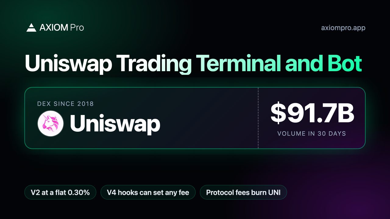 Uniswap Trading Terminal and Bot. DEX since 2018: Uniswap. $91.7B volume in 30 days
